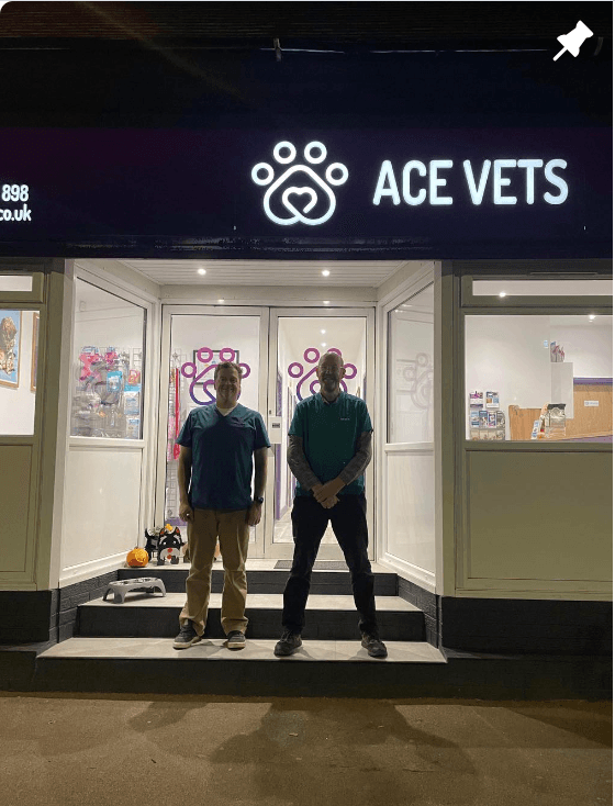 ACE Vets clinic exterior at night