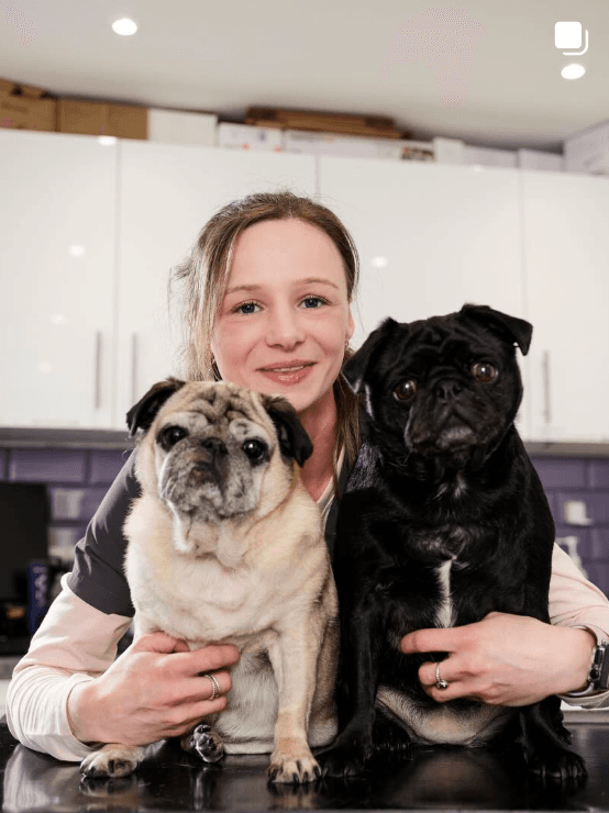 Vet nurse with two pugs